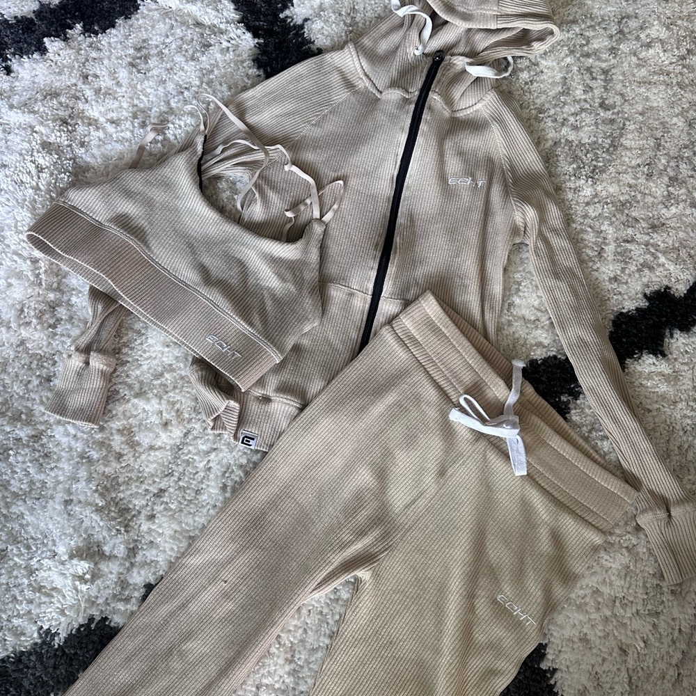 Women's Tan Ribbed Pants workout Set